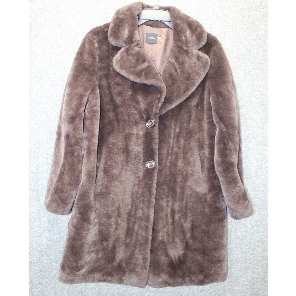 Cliche Faux Fur Coat Medium Chocolate brown Wool Blend plush soft Pocket